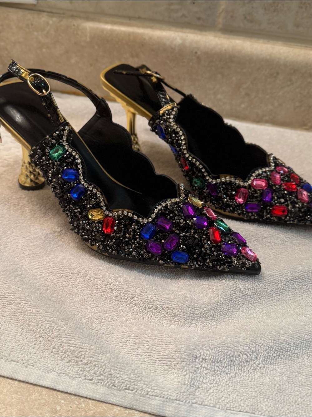 Embellished Black Slingback Pumps with Multicolor Gem Accents